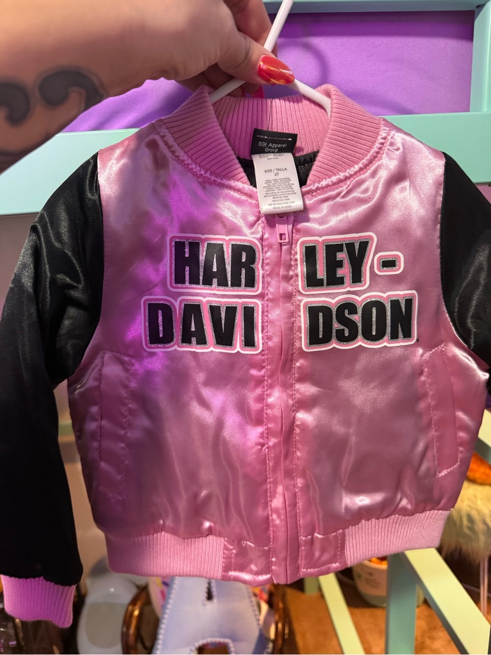 Harley-Davidson Pink and Black Girls Satin Bomber Jacket